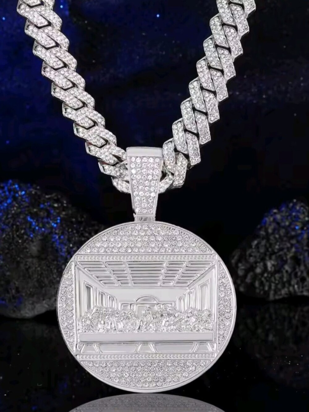 Men's 14mm Silver Cuban Link Necklace With Last Supper Pendant